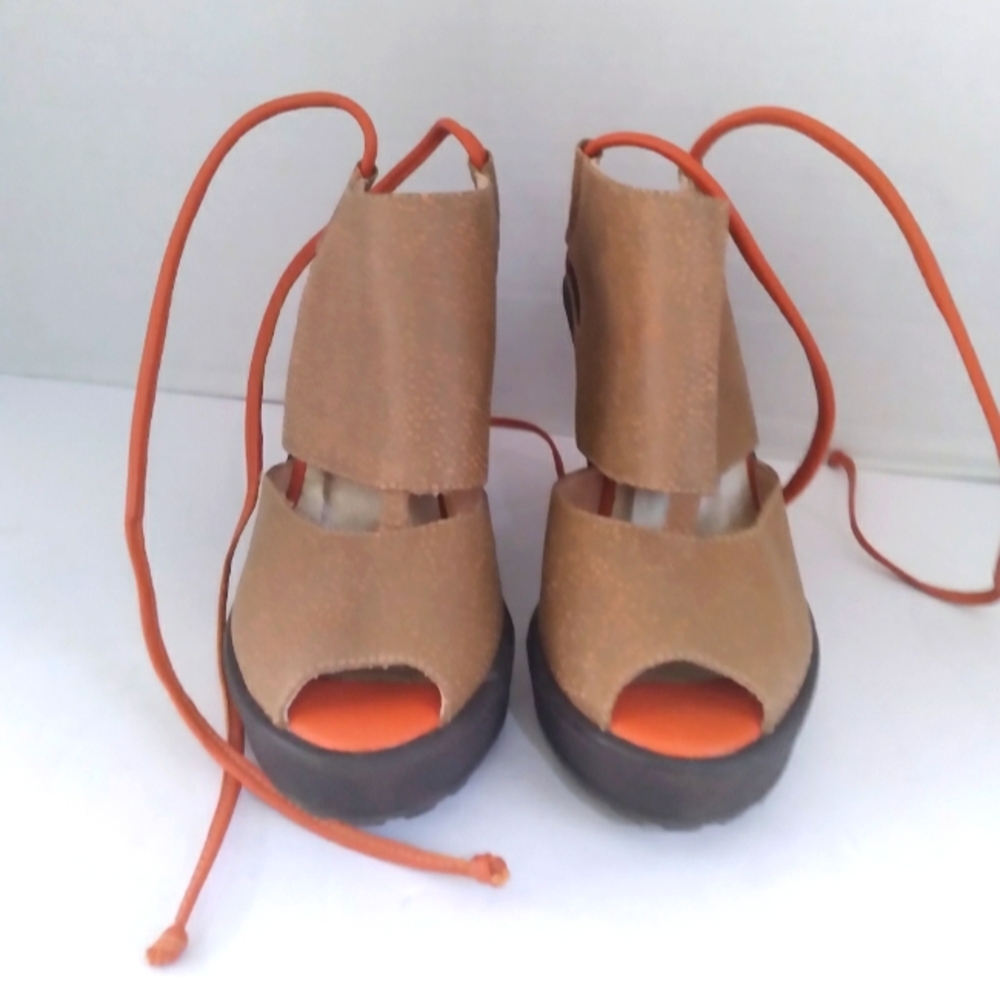 Uleka Beige Leather Peep-Toe Platform Sandals with Orange Ankle Ties Chunky Heel